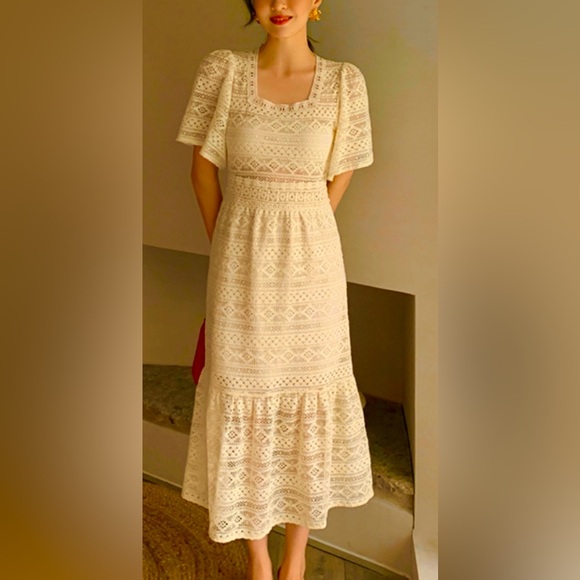 NWT Korean Soft Girl Square Collar ALine Midi Summer Lace Embroidery Party Dress - Picture 5 of 11